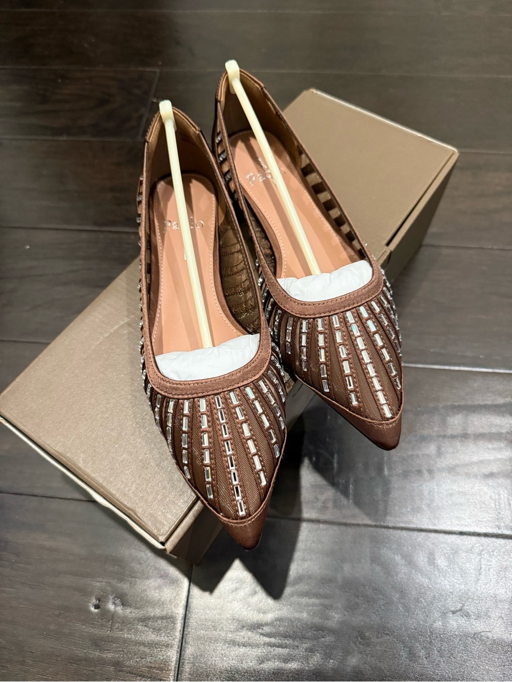 Línea Paolo Women’s Brown Satin Pointed Toe Embellished Flats